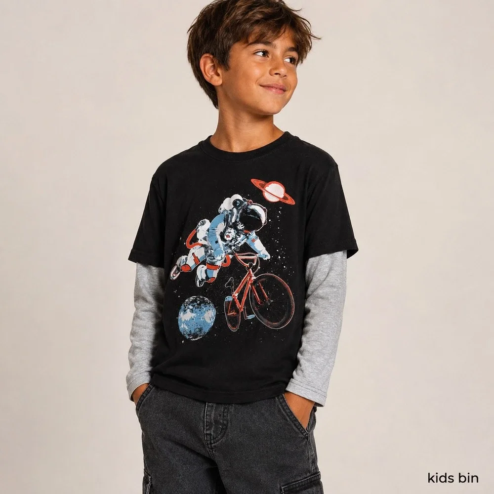 The Childrens Place Boys XL 14 Astronaut BMX Space Layered Graphic Tee Shirt